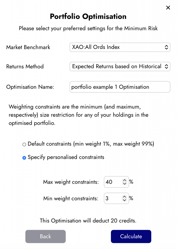 Example selection popup form in Diversiview to select optimisation parameters